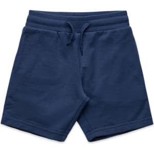 Navy blue sports shorts with an elastic waistband and drawstring, featuring a logo on the front.