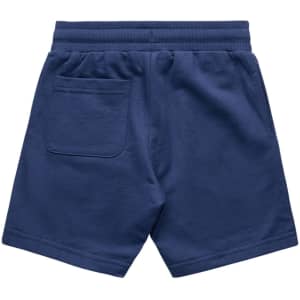 A pair of navy-blue kids’ sports shorts featuring a back pocket and an elastic waistband.