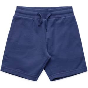 Navy blue kids' shorts with an elastic waistband and drawstring, featuring a branding logo.