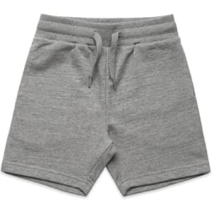 Grey sports shorts featuring an elastic waistband and drawstring. Suitable for kids, with a simple design.