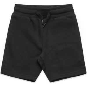 Black youth stadium shorts with an elastic waistband and drawstring, featuring a simple, minimalist design.