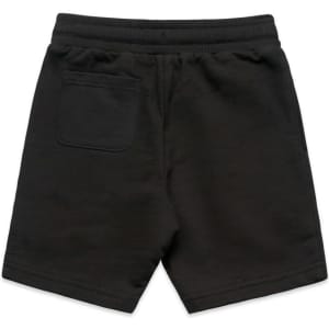A pair of black youth stadium shorts featuring an elastic waistband and a back pocket.