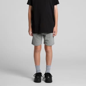 Youth sports shorts in grey, paired with a black t-shirt, featuring a logo. Suitable for active wear.