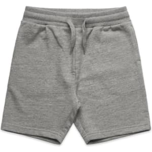 Grey youth stadium shorts with an elastic waistband and drawstring. Features a logo on the front.