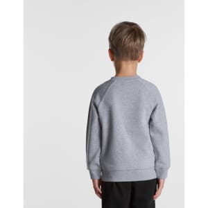 A grey jumper for kids with a crew neck and long sleeves, viewed from the back. It has a simple design and a logo.