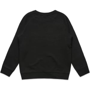 A black jumper featuring a simple design with long sleeves and ribbed cuffs. It has a logo on the back.