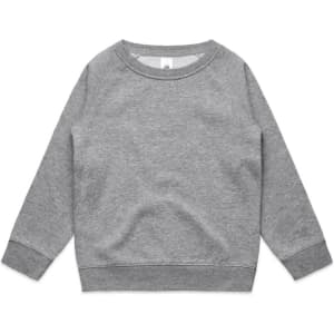 A grey jumper with a round neck and long sleeves. Features a ribbed hem and cuffs. Includes a logo.