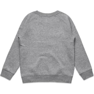 A grey jumper with a simple design, featuring long sleeves and ribbed cuffs and hem. It has a logo on the back.
