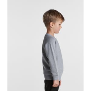 A grey kids' jumper with long sleeves, featuring a simple design and a logo on the front.