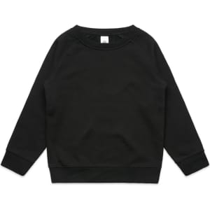 A black jumper with raglan sleeves and a simple neckline, featuring a brand logo inside the collar.