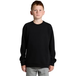 A black crew sweatshirt for youth, featuring a simple design and long sleeves, with a logo on the front.