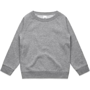 A grey crew jumper with long sleeves and a ribbed neckline and hem. It features a branding logo.