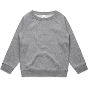 A grey sweater featuring a round neckline and long sleeves, with a logo present on the fabric.