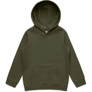 A green hoodie featuring a front pocket and a hood, designed for kids. It has a logo on the label.