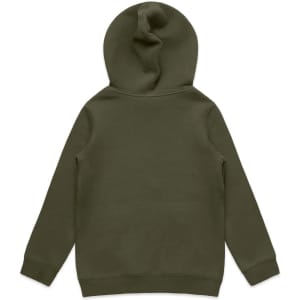 A green hoodie with a back view, featuring a hood and long sleeves. It has a smooth, plain surface and a logo.