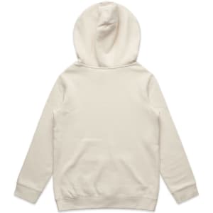 A light beige hoodie featuring a large hood and long sleeves. The back is plain with no visible branding.