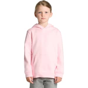 A pink hoodie featuring a front pocket and a hood, displayed on a child model. It has a branding logo.