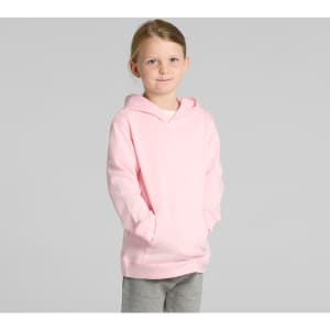 A pink hoodie for kids with a front pocket and an adjustable hood. Features a logo on the front.