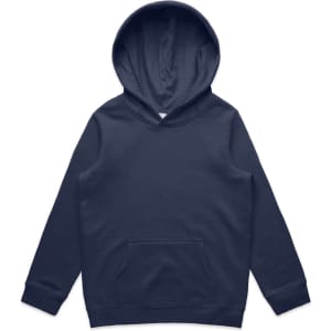 A navy hoodie with a front pocket and a large hood. It features a branding logo.