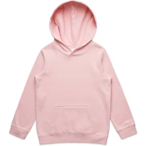 A pink hoodie with a large pocket and a spacious hood. It features a branding logo on the garment.