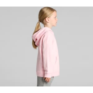 A pink hoodie with a hood, featuring a side view of a child. The garment includes a logo and kangaroo pocket.