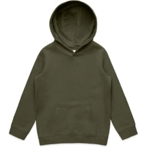 A green hoodie with a front pocket and a hood, featuring a branding logo.