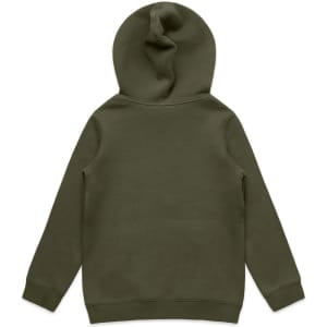 A green hoodie featuring a kangaroo pocket and a hood, with a plain back. It includes a logo on the label.