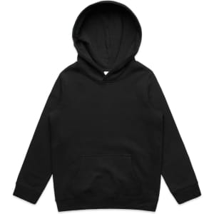 A black hoodie featuring a front pocket and a hood, designed for kids. Includes a logo.