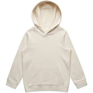 A cream-coloured hoodie with a kangaroo pocket and a large hood. It features a logo or branding.
