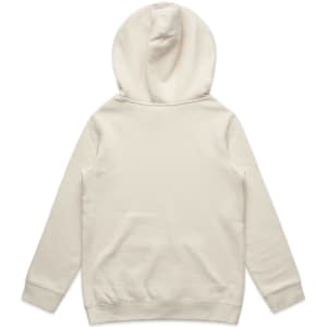 A plain beige hoodie with a hood, featuring long sleeves and a solid back design.
