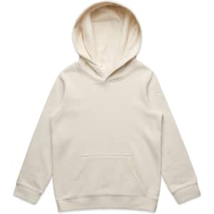 A cream-coloured hoodie featuring a spacious hood and a front pocket. It has a simple design with no visible branding.