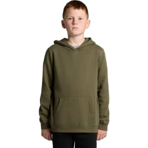 A plain olive green hoodie with a front pocket and a drawstring hood, featuring a logo on the chest.