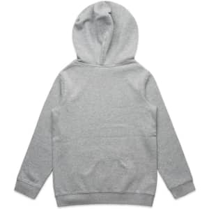 A grey hoodie featuring a back view with a hood and long sleeves, showcasing a simple design.
