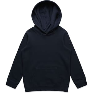 A dark navy hoodie with a front pocket and a large hood. The garment features a simple design and has a logo.