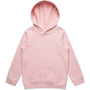 A pink hooded jumper featuring a kangaroo pocket and a hood. The product has a branding logo.