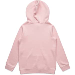 A pink hoodie with a hood, featuring a plain back design and long sleeves. It has a branding logo.