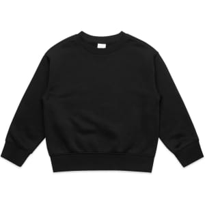 A black sweater with long sleeves and a rounded neckline, featuring a logo on the front.