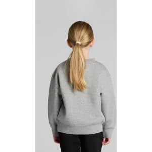 A grey jumper for kids with long sleeves, featuring a classic crew neck and a simple design.
