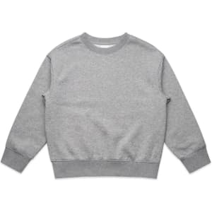 A grey crew jumper featuring long sleeves and a ribbed hem. Includes a logo on the front.