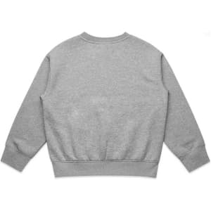 A grey jumper with a crew neck and long sleeves, featuring a fitted waistband and a branding logo.
