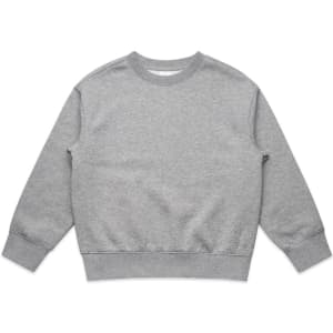 A grey jumper with a crew neck and long sleeves, featuring a simple design and elasticised cuffs.