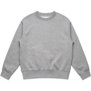 A grey crew neck jumper with long sleeves and ribbed cuffs, featuring a logo.