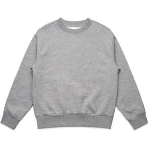 A grey jumper with a relaxed crew neck design and long sleeves. It features a branded logo.