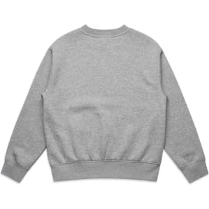 A grey jumper featuring a classic crew neck and ribbed cuffs, with a plain back design.