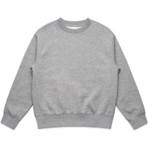 A grey jumper with a round neckline and ribbed cuffs and hem, featuring a branding logo.