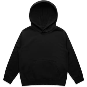 A black hoodie with a front pocket and a large hood, featuring a simple design and no visible logos.