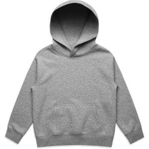 A grey hoodie featuring a large hood and a front pocket. The design includes a logo.