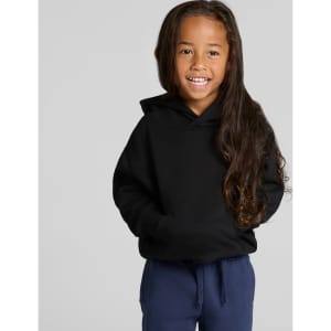A black Kids Relax Hood hoodie displayed on a child with long hair, featuring a logo.