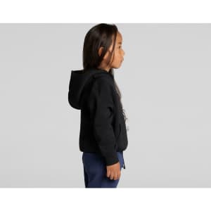 A black hoodie is worn by a child with long hair, shown in profile against a plain background.