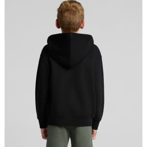 A black youth hoodie with a hood, viewed from the back, featuring a logo on the sleeve.